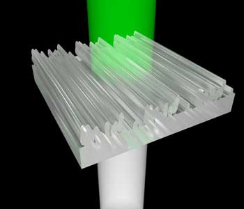 Light hits the 3D-printed nanostructures from below. After it is transmitted through, the viewer sees only green light—the remaining colors are redirected