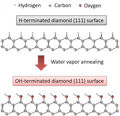 schematic illustration of the formation of OH-terminated diamond (111) surface by water vapor annealing of H-terminated one