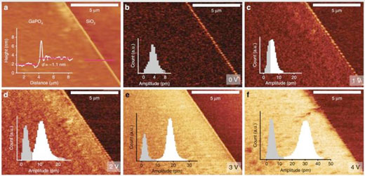 Atomic force microscopy imaging of 2D GaPO4 and piezoelectric measurements at varying applied voltages