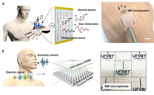 skin-attachable NM loudspeaker with the orthogonal AgNW array and (B) wearable and transparent NM microphone