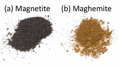 the oxidation of magnetite to maghemite is shown by a change in color from black to red