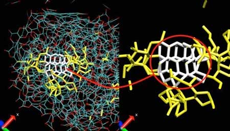 A carbonaceous nanoparticle (left) and its pure carbon core (right). Blue: carbon atoms. Red: oxygen atoms. White: diamond seed. Yellow: pure carbon network surrounding the diamond seed