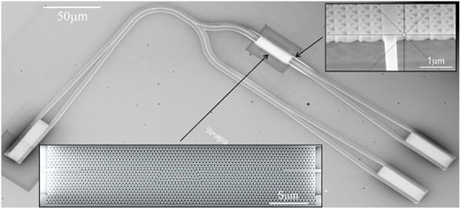 optical waveguide device featuring a zoomed-in view of the fabricated photonic crystal topological insulator