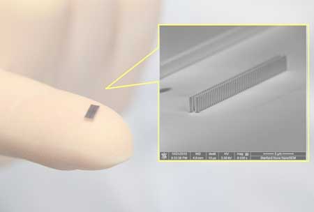 Accelerator chip on the tip of a finger, and an electron microscope image of the chip