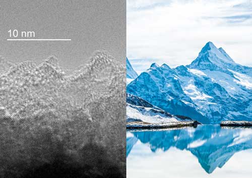 >The surface of the nanodiamond material (left) was measured at the atomic-scale using a transmission electron microscope. The local slope was found to be steeper than that of the Austrian Alps (right) measured at the scale of a human.