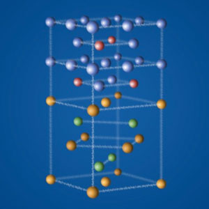 The GaAs/Fe3Si interface model. Arsen atoms marked in orange, gallium – green, silicon – red, iron – blue