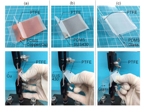 Photograph of three-layer assemblies of (a) PTFE/PDMS/Cu, (b) PTFE/PDMS/SUS430, and (c) PTFE/PDMS/glass