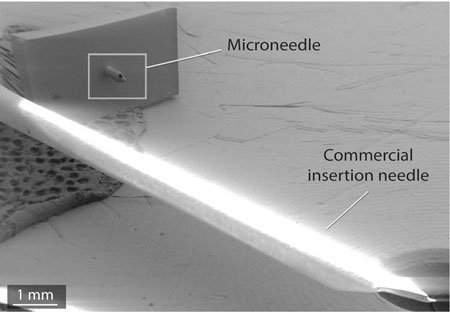 a microneedle is significantly smaller than the commercial standard for continuous glucose monitoring