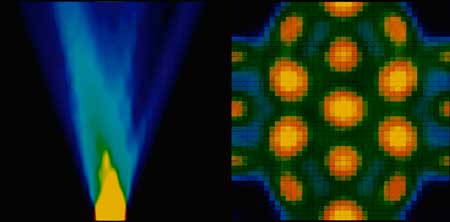 Simulated images from two papers showing anyons spreading preferentially to the left in a 1-D grid (left) and a novel phase of matter that may arise from atoms constrained to move in 2-D (right)
