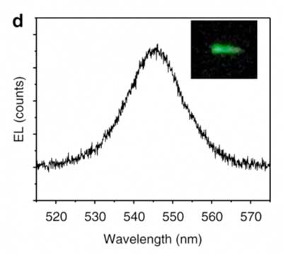 The wavelengths of light emitted from the spintronic LED. The inset shows the green light from the device