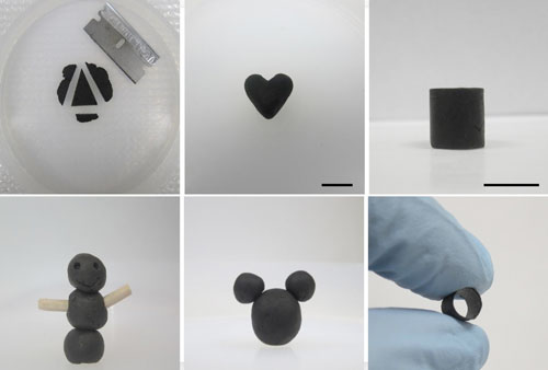 Highly processable and versatile, graphene oxide dough can be readily reshaped by cutting, pinching, molding and carving