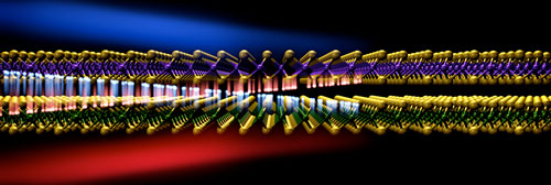 Electrons traveling between two layers of atomically thin material give off tiny bursts of electromagnetic waves in the terahertz spectral range