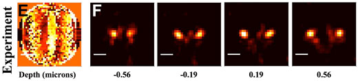 The point spread functions of single molecules, captured as double lobes through a phase mask (left), can tell researchers where the molecule is in 3D space