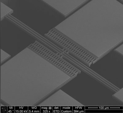 scanning electron micrograph shows a microelectromechanical resonator
