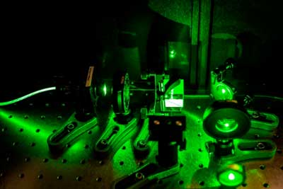 experimental setup used to test their magnetic sensor system, using green laser light for confocal microscopy