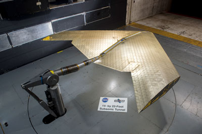 testing an airplane wing in a NASA wind tunnel
