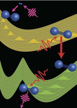 Scientists use three ultrafast pulses of extreme ultraviolet light and near infrared light to control the evolution of excited nitrogen molecules (blue) to reveal information about normally inaccessible states