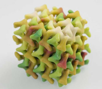 Three-dimensional model of the novel lipid mesophase: This cubic motif is repeated regularly in the material