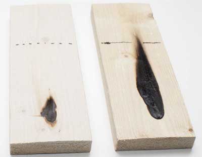nanocellulose-coated wood (left) and untreated wood (right) after 30 seconds flame test