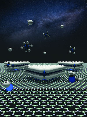 Graphic showing a boron nitride surface with tungsten atoms anchoring triangular domains illustrating defect control of the orientation
