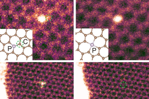 Microscope images are paired with diagrams illustrating the controlled movement of atoms within a graphite lattice