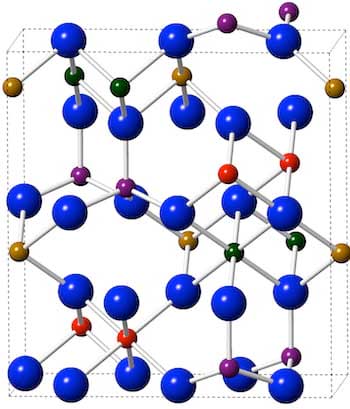 Epsilon-iron(III) oxide incorporates oxygen atoms (blue) and iron atoms (everything else) into a crystal lattice
