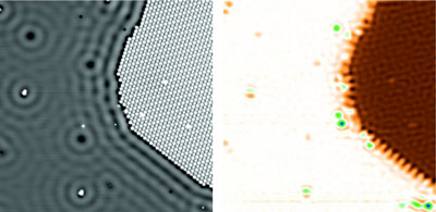 Image from a scanning tunnelling microscope (STM, left) and a scanning quantum dot microscope (SQDM, right)