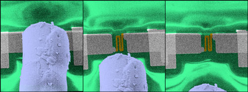 Colorized scanning electron microscope image shows the position of a resistive thermal device RTD (nanoscale thermometer) as the deposition substrate moves relative to the micro-size nozzle capillary for gas jet injection for mapping local temperature