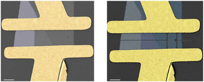 MoS2 FET device before and after the pulsed-focused electron beam induced etching (pulsed-FEBIE) nanopatterning, with a tailored conduction channel