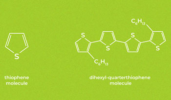 Structural formulas of thiophene and dihexyl-quarterthiophene molecules
