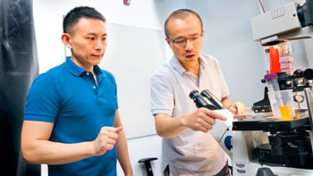 Xianwen Mao, left, and Peng Chen, the Peter J.W. Debye Professor of Chemistry, are pictured in the microscope room