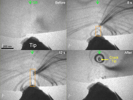 Four black and white images from a microscope. Each shows a different stage of the material shown fracturing