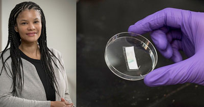 LaShanda Korley (left) and a gloved hand holding lab glass container