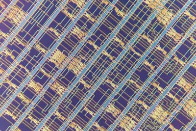 A close up of a modern microprocessor built from carbon nanotube field-effect transistors