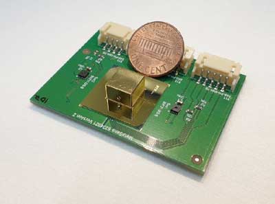 miniature all-metamaterial optical gas sensor (golden capsule) next to a one-cent coin