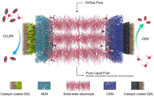 electrolyzer to reduce carbon dioxide, a greenhouse gas, to valuable fuels
