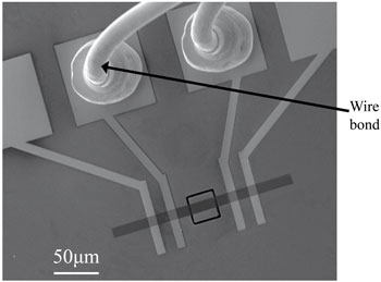 SEM image of an ultra-miniaturized NEMS accelerometer with bond wires