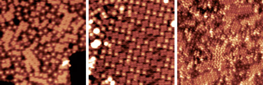 Three abstract microscopy images in an orange cast. Each shows an array of dots and squares
