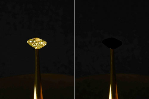 A 16.78-carat natural yellow diamond is coated with a new carbon nanotube-based material that is the blackest material on record