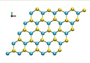 2D material with elenium atoms (yellow) and tungsten atoms (blue) don’t move