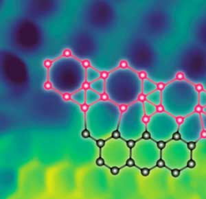 Atomic-resolution scanning tunneling microscopy image of a borophene-graphene lateral heterostructure with an overlaid schematic of interfacial boron-carbon bonding