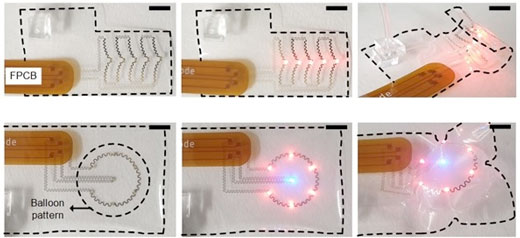 Electrical functionality demonstrated on a flexible and soft 3D device by connecting LEDs