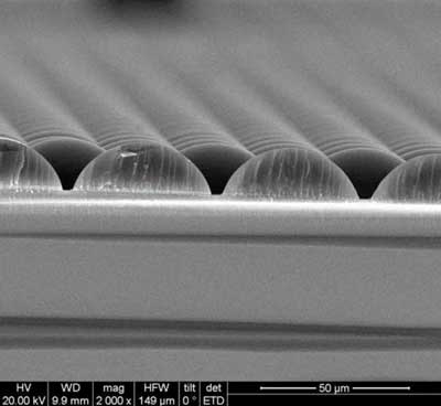 A close up of the film which combines nanocrystals and microlenses to capture infrared light and convert it to solar energy