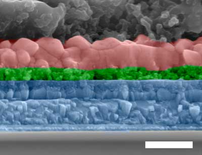 An electron microscope image shows a cross-section of the all-inorganic perovskite solar cell