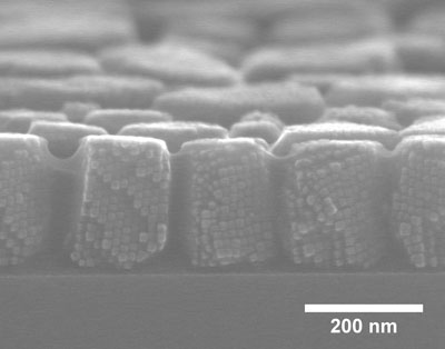 scanning electron microscopy image shows 12 nm nanocubes assembled into supercrystals