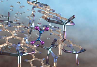 Illustration of a nitrogen dioxide molecule (depicted in blue and purple) captured in a nano-size pore of an MFM-520 metal-organic framework material