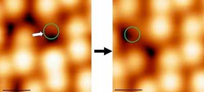 This image of a perovskite surface shows the shifting of ions across the surface, and the vacancies causing these movements