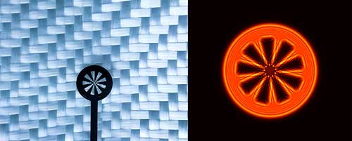 Terahertz rays allow an object (left) to pass through textiles as seen in the reconstruction (right)
