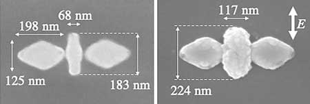 Scanning electron microscope images of the nano-butterfly structure before (left) and after (right) laser irradiation