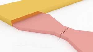 >High temperature superconducting microbridge (pink) in gold contacts (yellow)